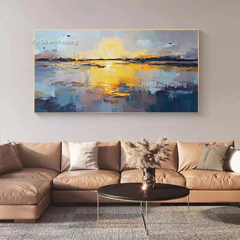 Dark Blue Yellow Ocean Sunset Oil Painting For Living Room Decor New Popular Design Abstract Seascape Wall Art New Canvas Artwor