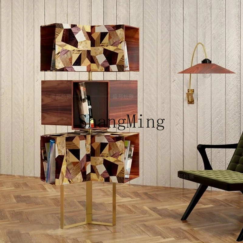 FG  light luxury solid wood rotating bookshelf home villa high-end bookcase creative storage shelf