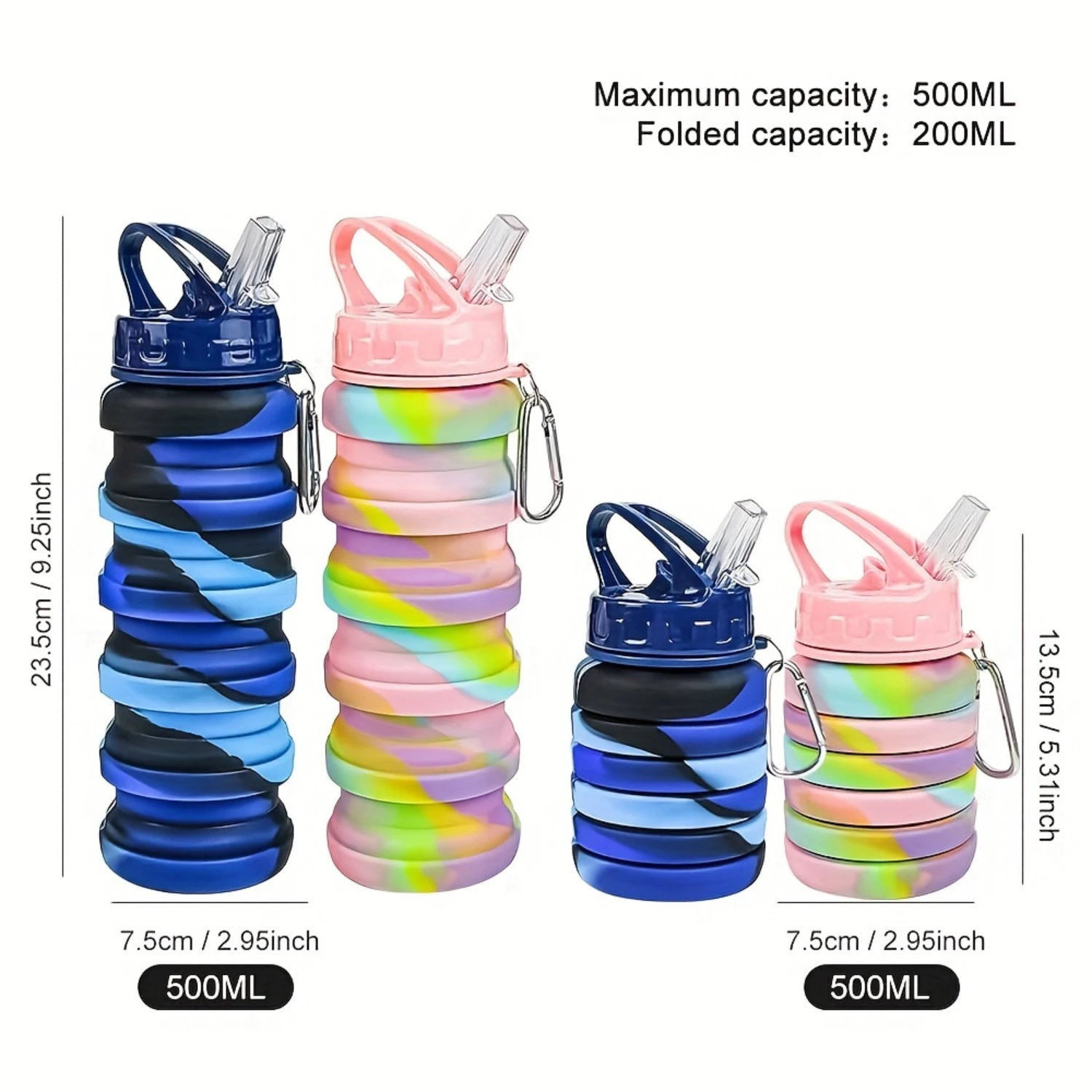 Silicone Collapsible Water Bottles, 16oz Portable Foldable Expandable Water Bottle Sports Cups With Straw, For Outdoor Activitie