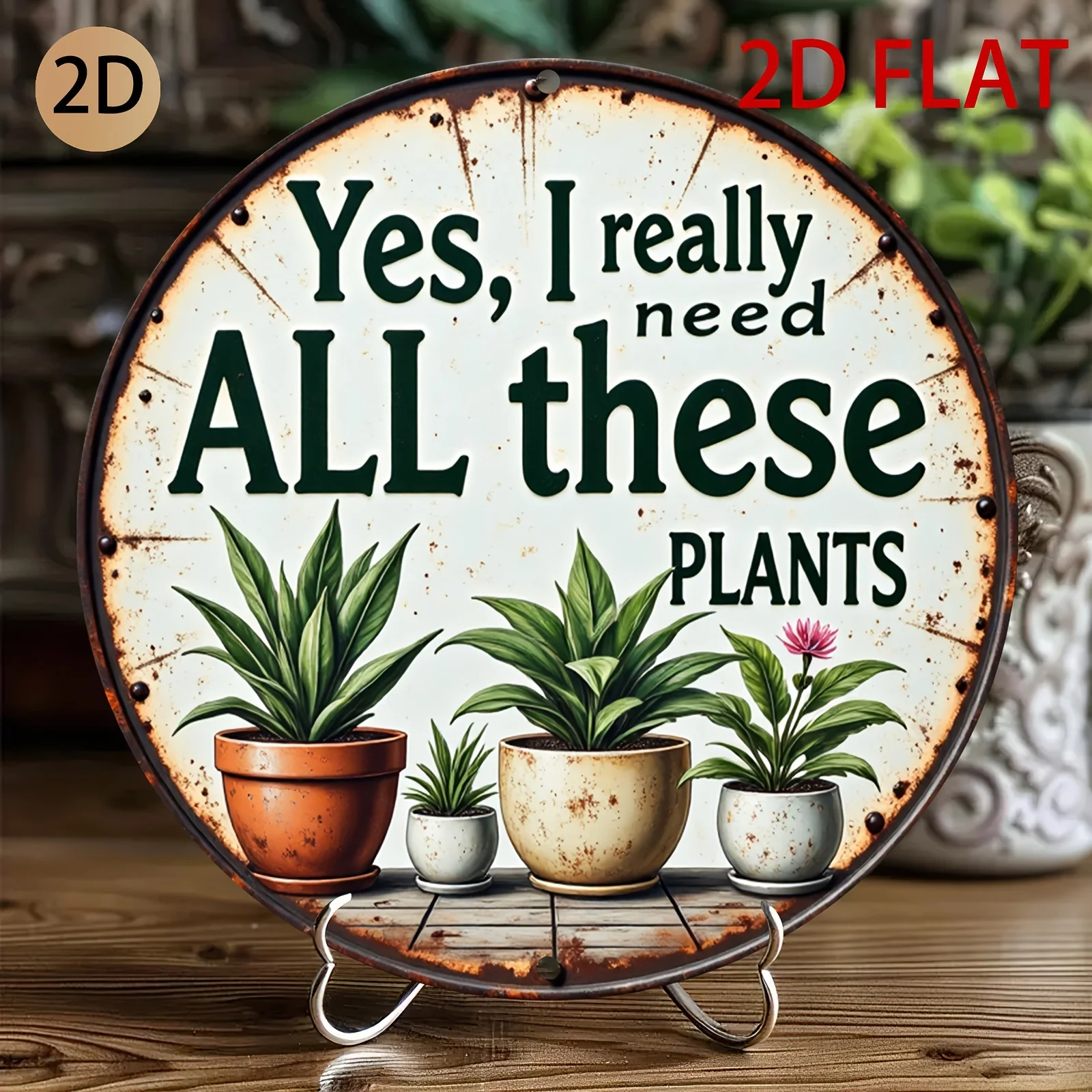 Plaque en aluminium de style vintage avec design plat 2D, citations et motifs de plantes en pot, idéale pour décorer votre maison ou votre jardin