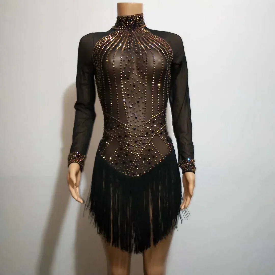 Women Black Tassel Sparkling Rhinestone Sexy Club Dress Mesh See Through Outfit Party Show Performance Stage Wear 2025NEW