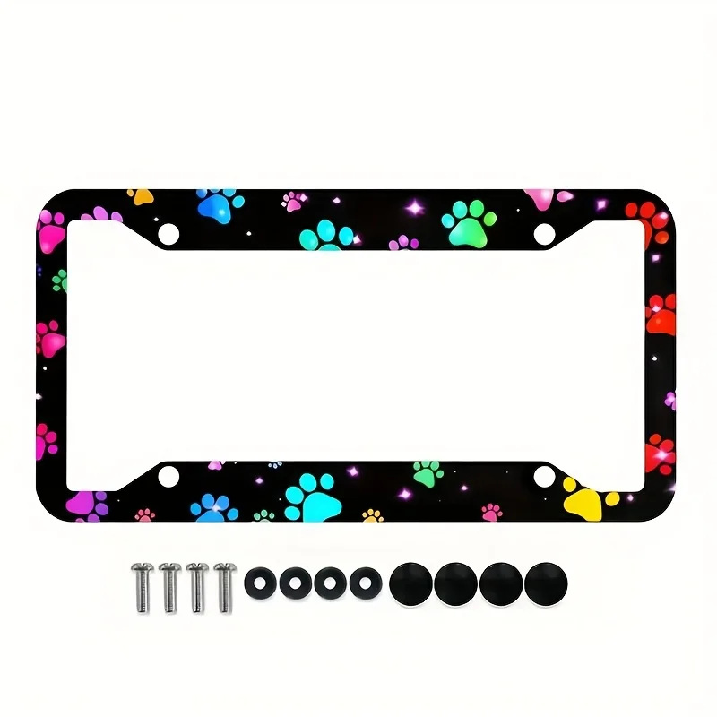 1pc Colorful Paw Print License Plate Frame Fun Rainbow Dog Paw Alloy License Plate Holder, Unisex, Includes Mounting Bolts