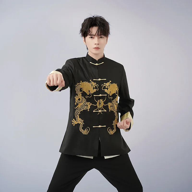 التنين الصيني التطريز قميص الكونغ فو معاطف تانغ دعوى الملابس الصينية التقليدية للرجال السترات Hanfu الرجال الملابس