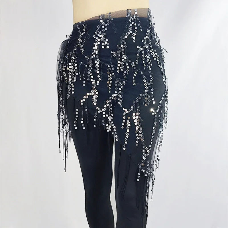 Bauchtanz-Hüfttuch mit Goldpailletten und Quasten, Dreieckiger Rock, Wickelgürtel für Festival, Rave-Party, Nachtclub-Auftritte, Kostüm für Frauen – Detail 3