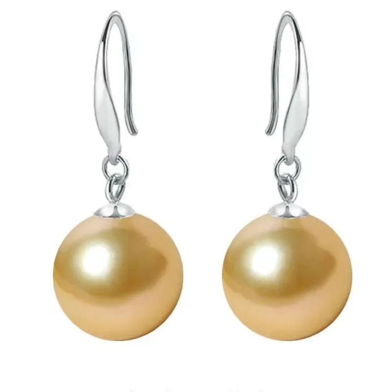 

Pair of 12-13mm Gold Round Pearl Dangle Earrings Women Simple Wedding Party Free Shipping Accessories Stud Hook