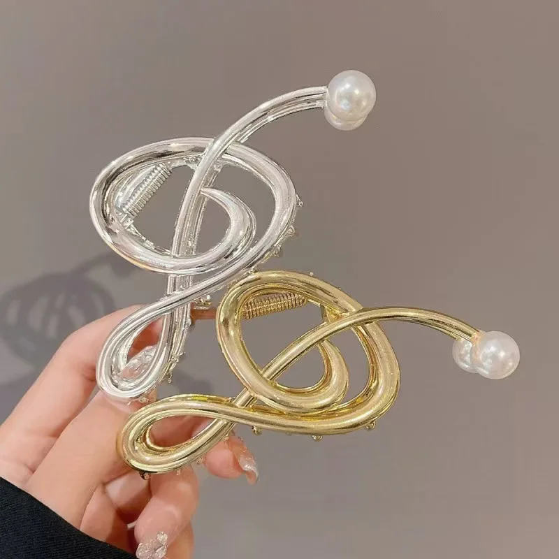 Elegant Musical Note Pearl Hair Claw Clip Gold Silver Metal Hairpins Large Ponytail Shark Clip Fashion Hair Accessories Women