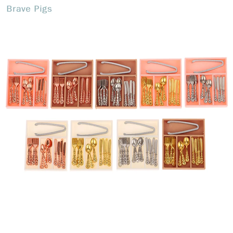 1Set Mini Fork Knife Clips Spoon Tableware With Storage Box 1:12 Dollhouse Decor Accessories