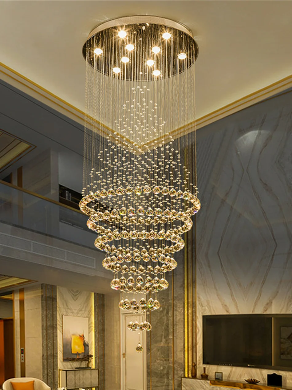 Modern Luxury LED Crystal Chandelier Lamp Stair Lights Droplight Double Entry Long Circular Crystal Lighting  Lobby Chandelier