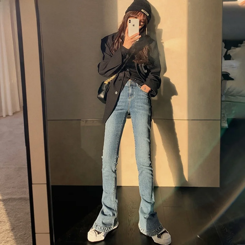 

Retro Blue High Waist Flared Jeans Women's Spring Autumn Trendy Slimming Elastic Floor-Length Denim Pants Cotton Stretch