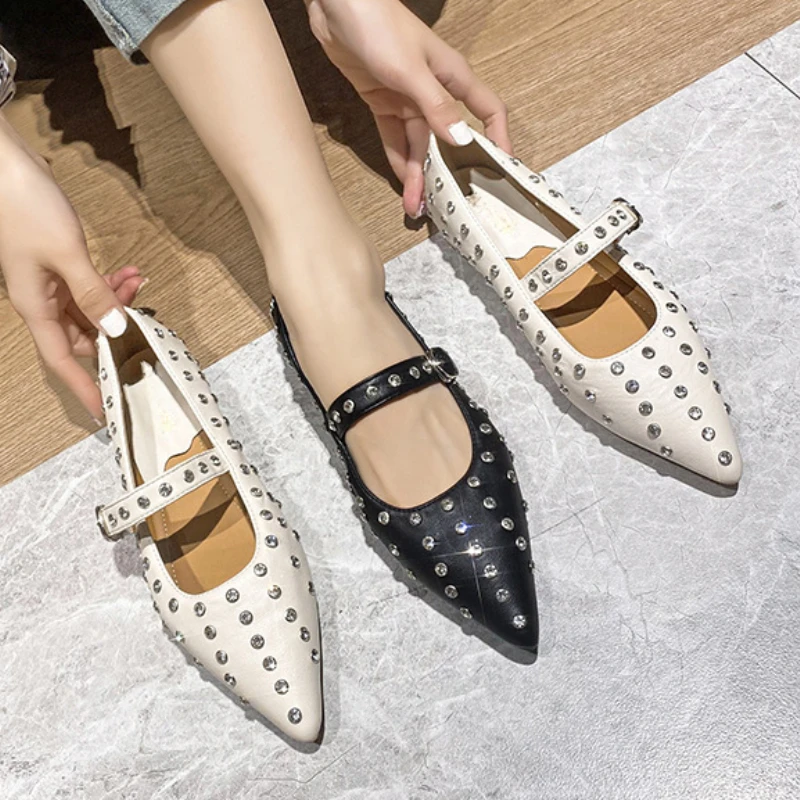 Sexy Rhinestone Rivet Design Mary Jane Women's Shoes Fashion Pointed Toe Low Heel Flat Shoes Designer Luxury Shoes Woman Size 43