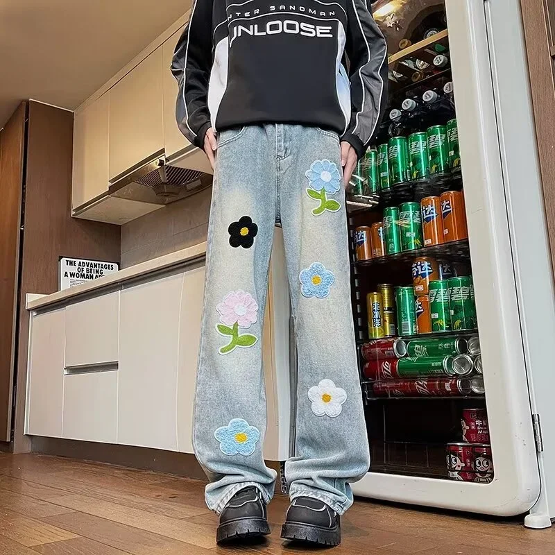 

Men's Y2K Vintage Flower Embroidered Jeans High Street Baggy Straight Wide Leg Denim Trousers Spring Design Hip Hop Fashion Jean