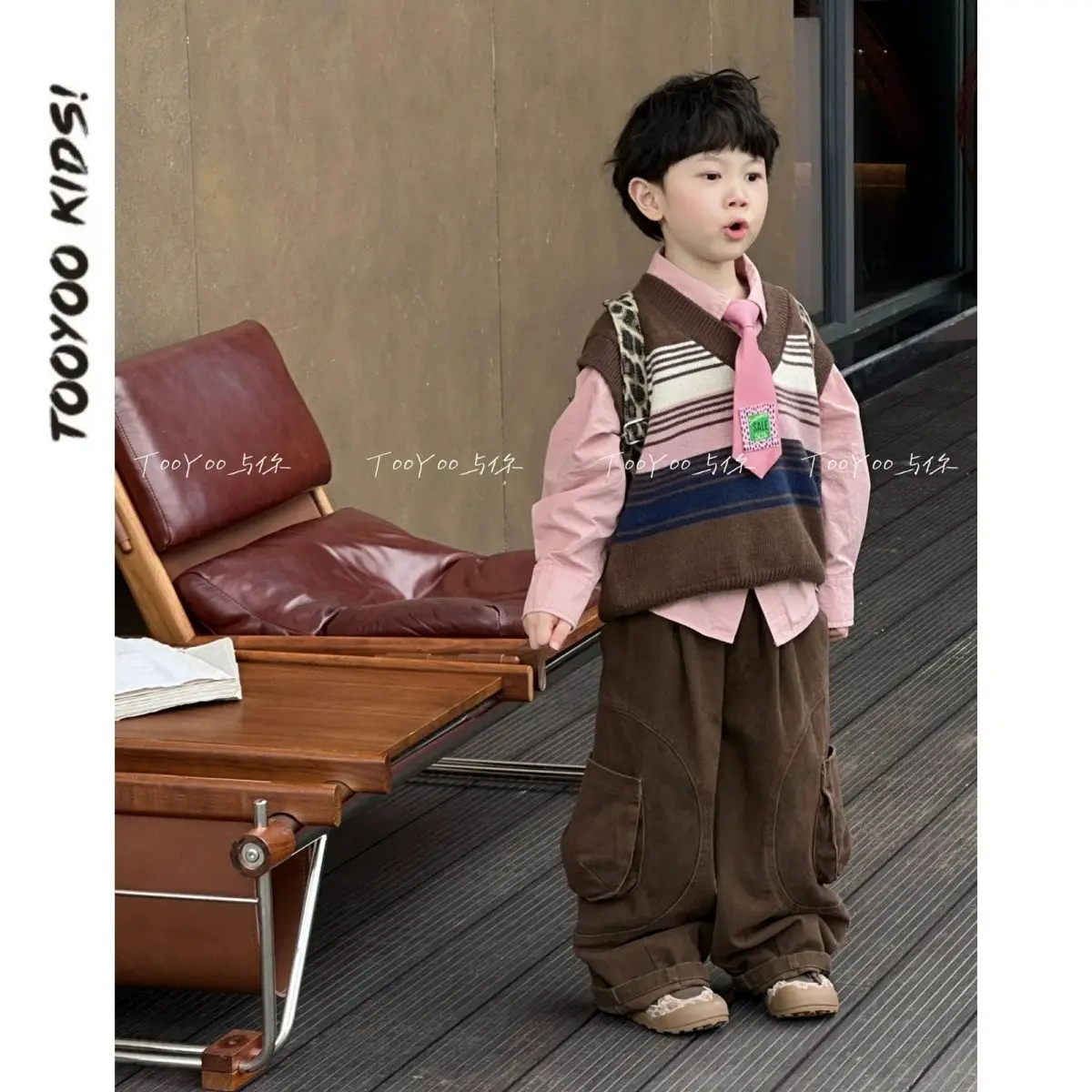 Autumn Winter Childent Thick Warm Boys Handsome Knit Pullover Knit Vest Sweater Tie+Shirt +Loose Pant 3Pcs Cotton Casual Suits