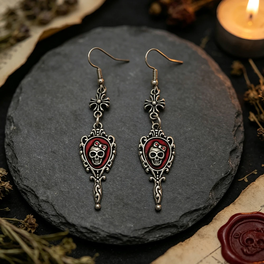 Vintage Carved Border Frame Design, Embedded with a Bow and Skull Pattern, Red and Black Enamel in Two Colors, Aged Antique Silver Texture, Long Dangling Style, Gothic Retro Personality Everyday Earrings
