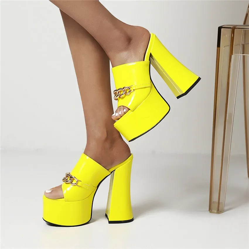 Summer Fashion Platform Slides Women Yellow Black Patent Leather High Chunky Heels Sandals Sexy Party Club Ladies Chain Slippers