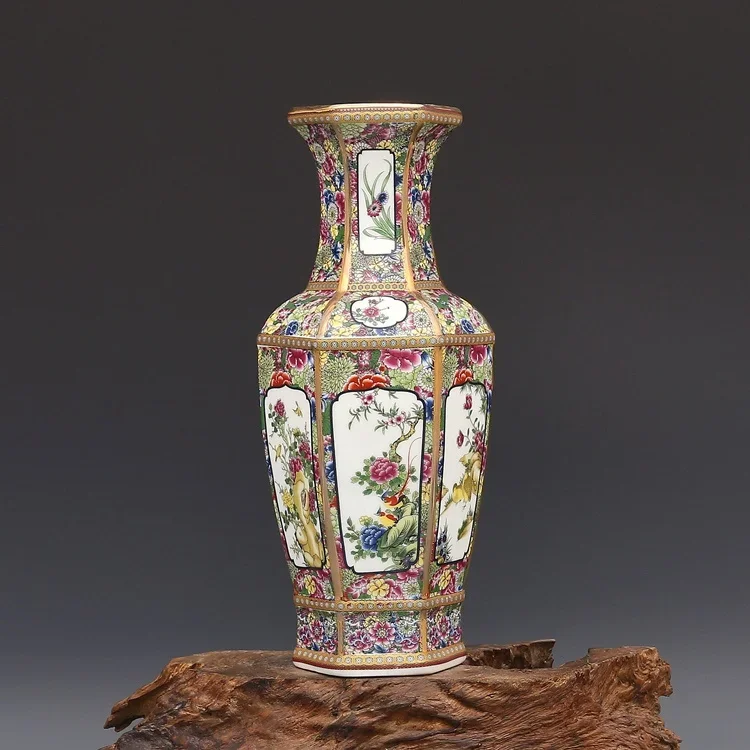 Antique Enamel Vase Porcelain Hexagonal Vase Collection of Ancient Porcelain Made in Qianlong Dynasty