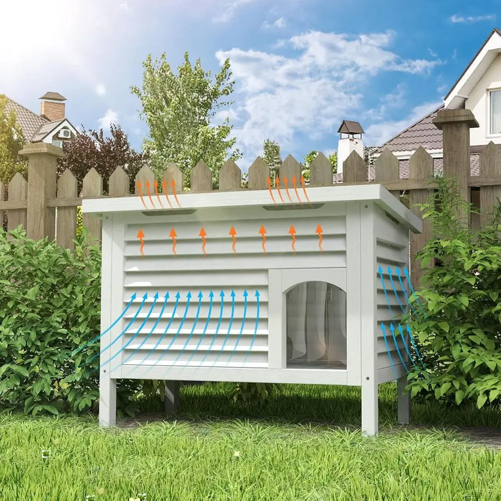 Solid Wood Outdoor Cat Shelter with Waterproof Roof & Ventilation for Multiple Cats, 31.9L x 18.9W x 23.6H