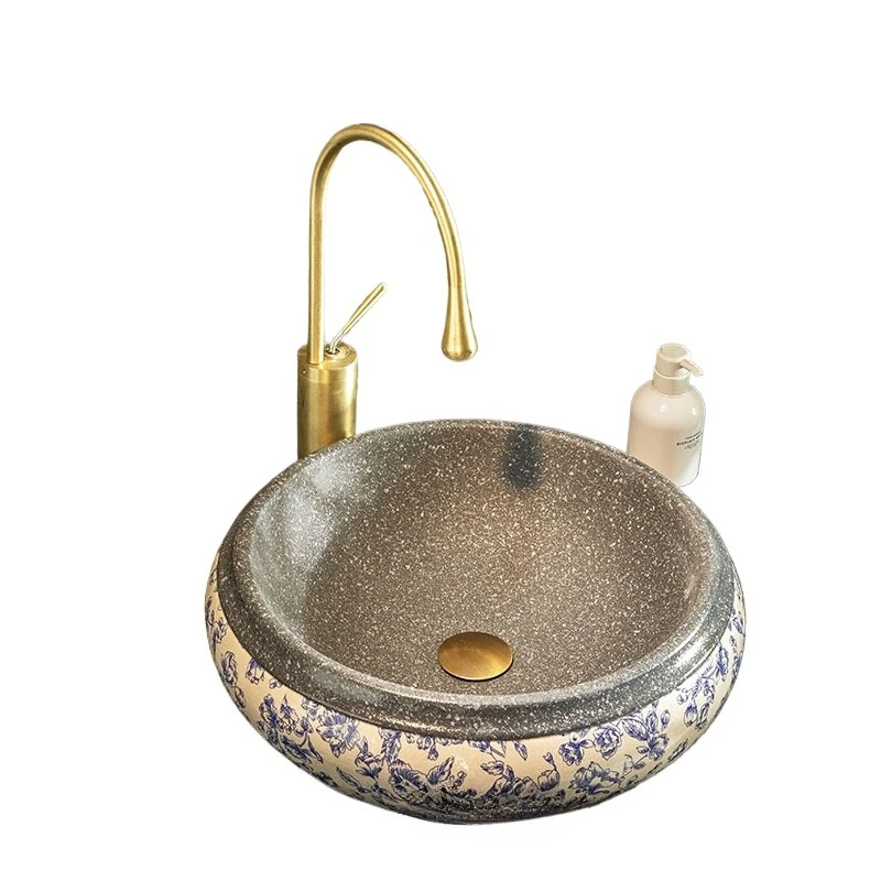 Bathroom single basin outdoor round basin retro blue and white table basin ceramic