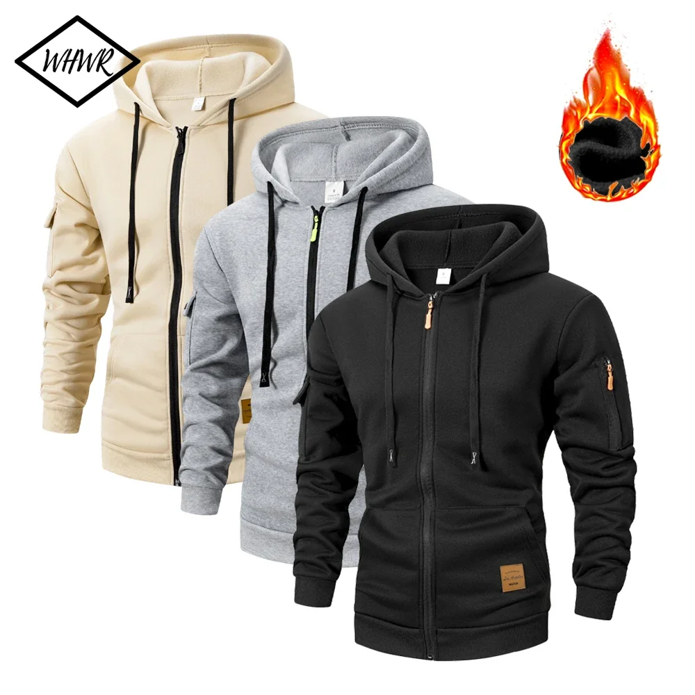 

Мужская зимняя теплая толстовка на молнии с флисовой подкладкой, термокуртка, модная повседневная толстовка, облегающее пальто с длинными рукавами, мужская одежда