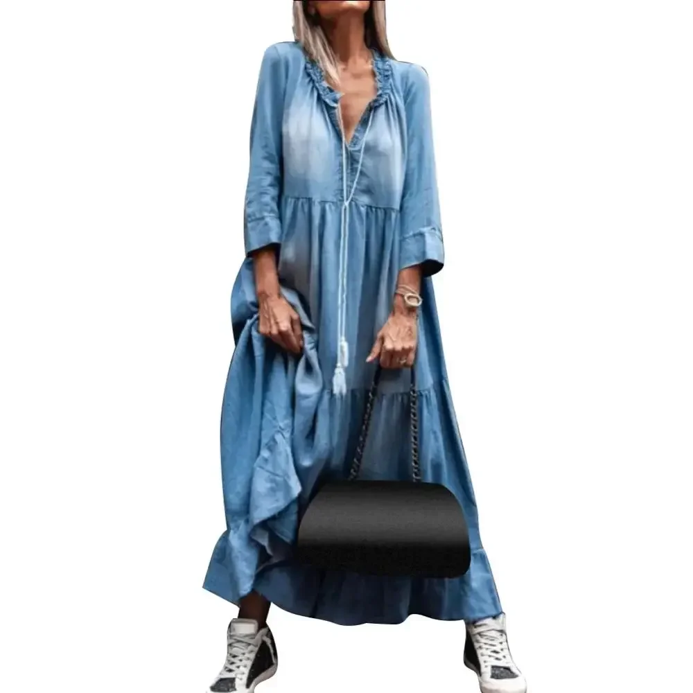 Loose 3/4 Sleeve Women Tassel Dress Vintage Lace V Neck Large Hem Maxi Denim Dress