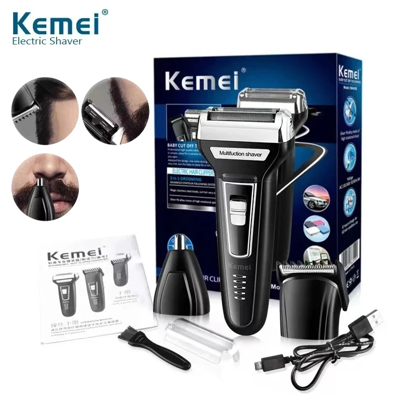 Kemei Multi-functional Waterproof 3 In 1 Grooming Kit Cutter Head USB Beard Men Razor Nose Hair Trimming Electric Shaver KM-6559