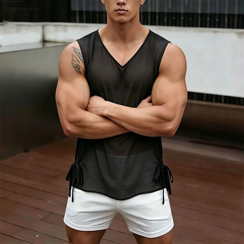 INCERUN Men Tank Tops Solid Color Mesh See Through V Neck Sleeveless Men Clothes Streetwear Sexy Party Lace Up Split Tops Vests