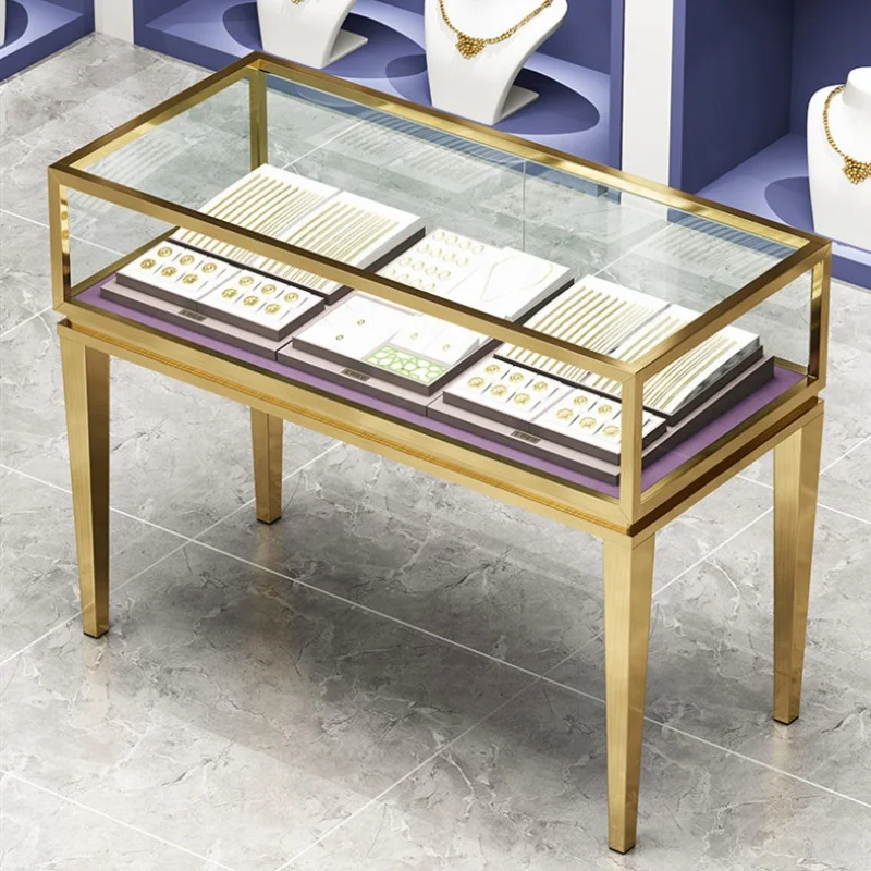 

Customized. fashion stainless steel jewellery display counter golden jewelry display showcase with sliding panel jewelry store s