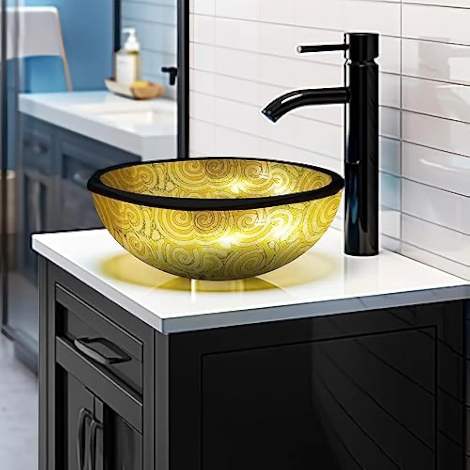 

Vessel Sink 12 Bathroom Sinks Tempered Glass Yellow Art Basin Round Bowl with Faucet Combo, Golden