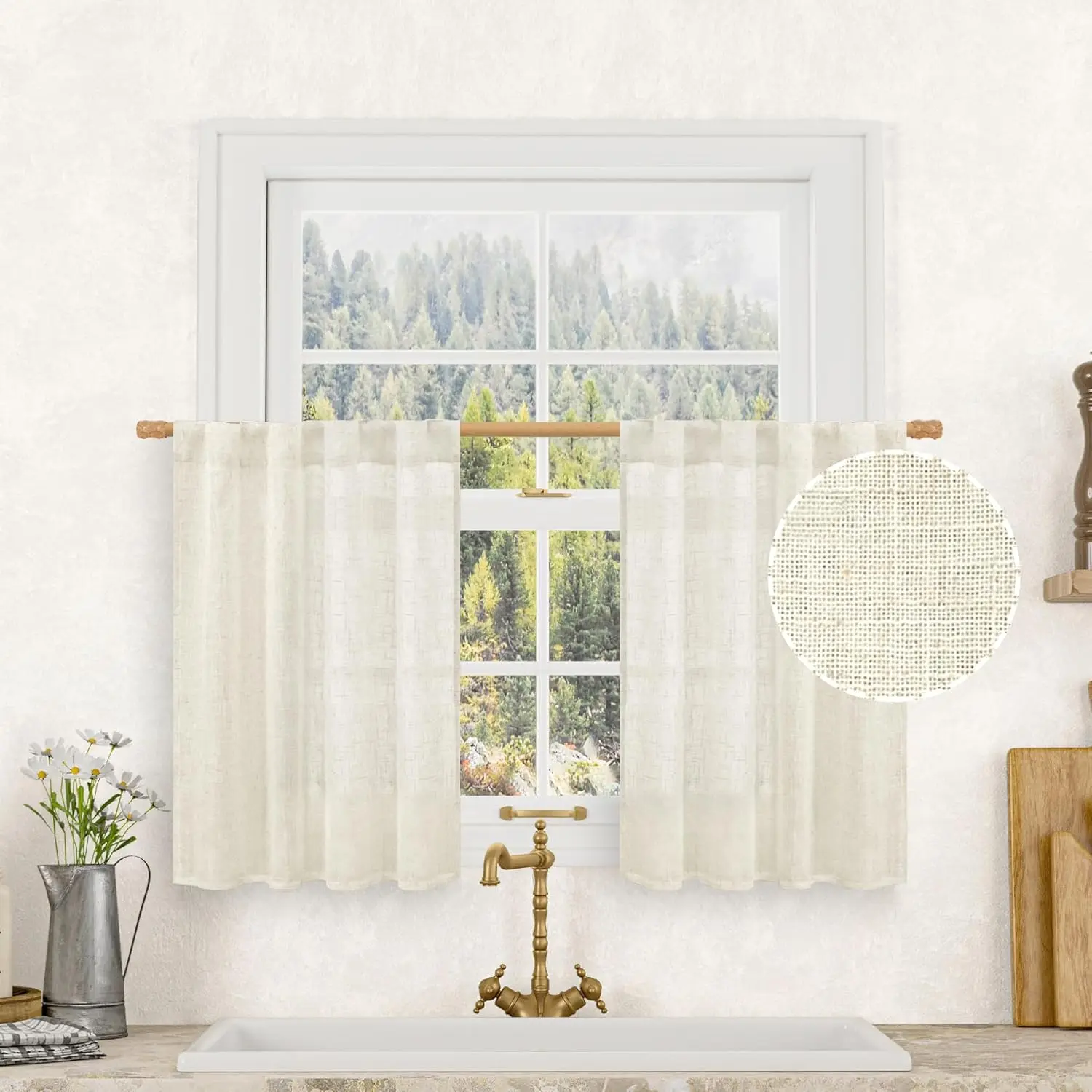 2PC Short Linen Kitchen Curtains 36 Inch Length for Half Window, Cream Ivory Rod Pocket Drapes for Basement Bathroom Window