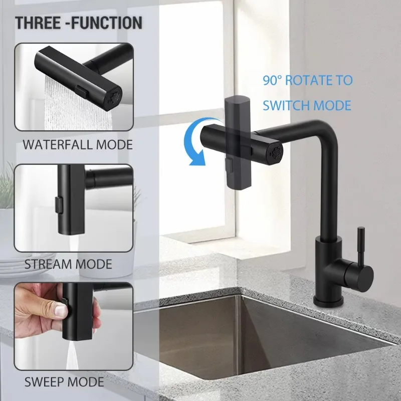 

Современный смеситель для кухонной раковины, поворотный водопад, кухонный смеситель для мытья овощей, фруктов, 3-ходовой кухонный смеситель, черный