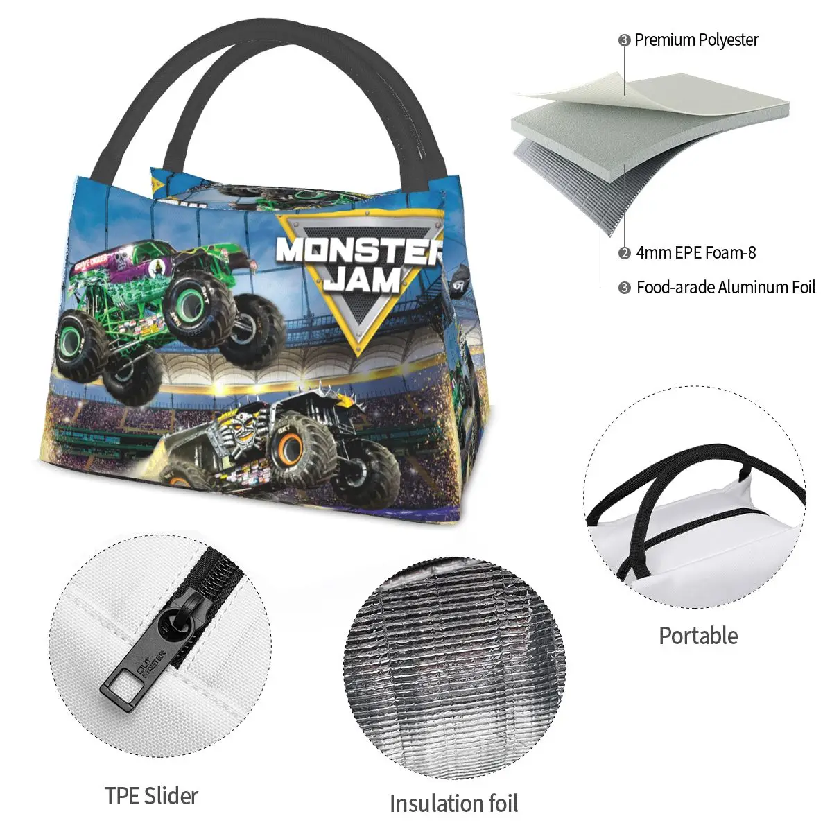 Borse per il pranzo classiche con motivo Monster Jam Scatola Bento isolata Borsa per il pranzo riutilizzabile Borse da picnic Borsa termica più fresca per donna Bambini