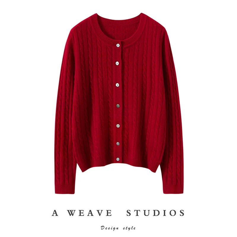 Sweter damski ze 100% kaszmiru, dekolt okrągły, wzór w warkocze, kardigan z dzianiny, prosty styl, wiosna, jesień, zima, miękka odzież dzianinowa z kaszmiru, miękkie topy.