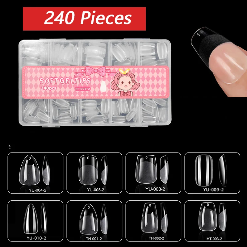 240 Pieces Soft Gel Nails Short Fake Nail Tips 6 Shapes Available Half Matte No Trace False Nail Tips Coffin Square Round Nails