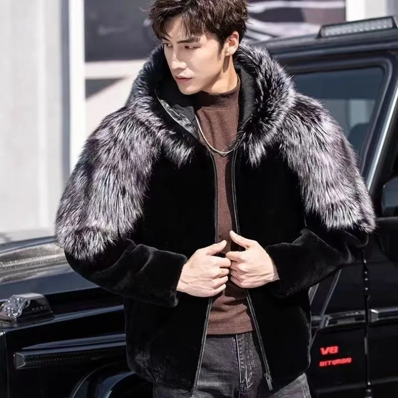 

Осень/зима, мужское деловое легкое роскошное пальто с капюшоном из меха норки, модная теплая короткая куртка из серебряного лисьего волоса, модный плащ