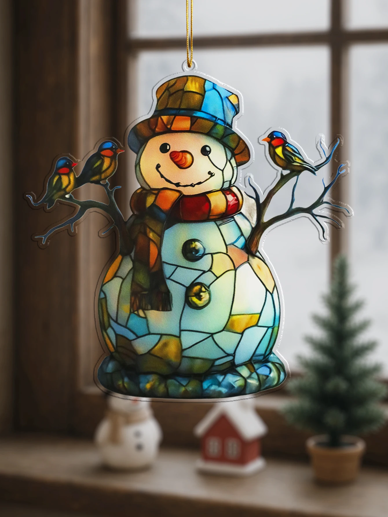 Schneemann-Fenster-Hängeornament, bunter Schneemann mit Mütze, Schal und Vogel-Design, festliche Acryl-Dekoration für Zuhause und Weihnachtsgeschenk