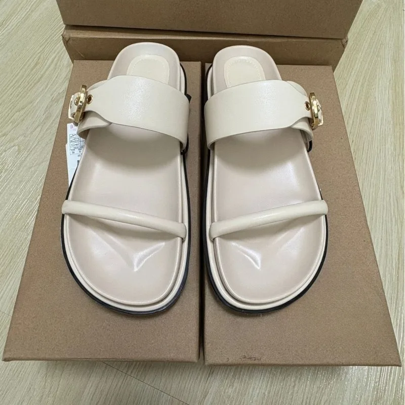 2025 Summer Brand Thick Heel Women Flat Sandals Double Strap Metal Buckle Decoration Open Toe Daily Vacation Lady Beach Shoes
