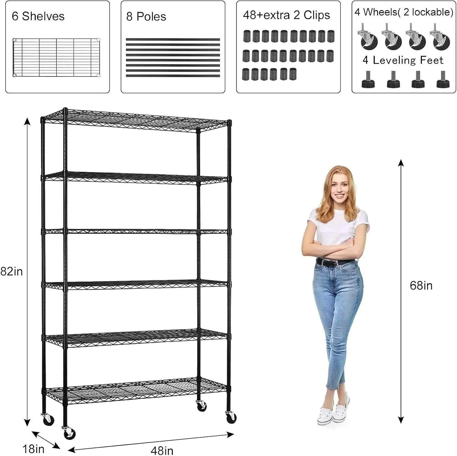 6-Tier Wire Shelving Unit 2100Lb Capacity Adjustable Storage Shelves Heavy Duty Storage Rack with Wheels NSF Metal Shelf