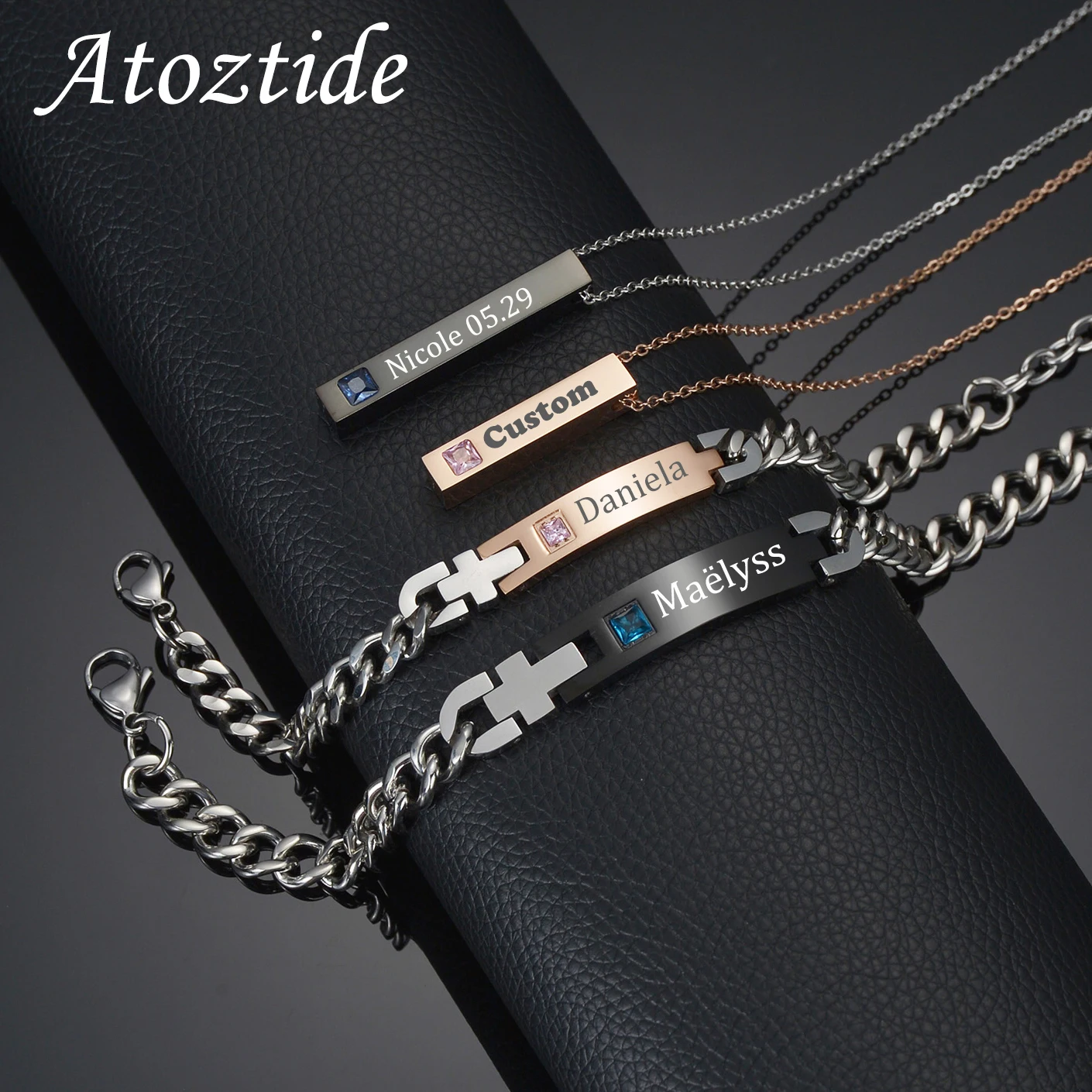 Atoztide Personalized Engraved Couple Bracelet Zircon Cylinder Necklace Jewelry Set Stainless Steel Women Valentine's Day Gift