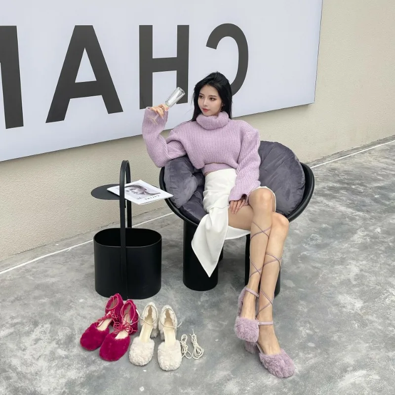 Fashion Purple Fur Sandals Women Sexy Lace Tie High Heel Pumps Ladies Pink Plush Party Evening Dress Shoes