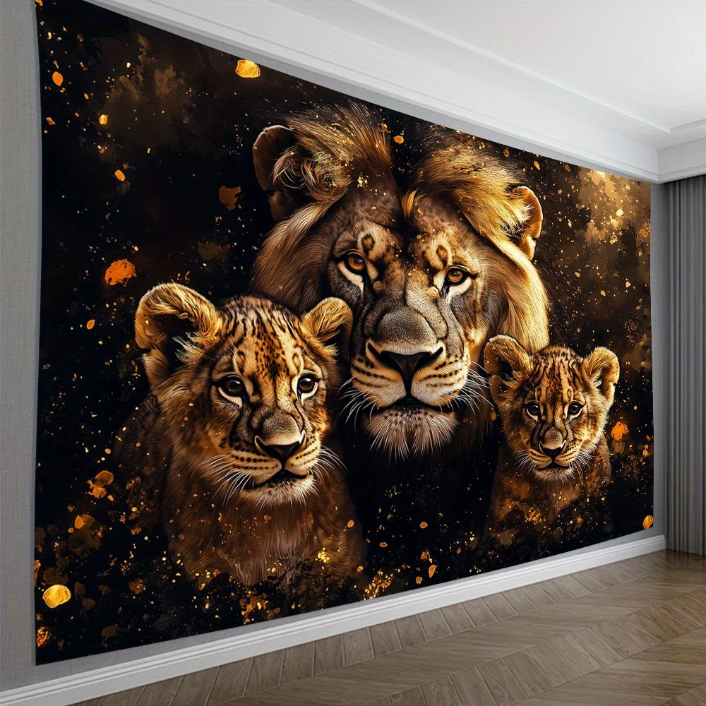 Serene Lion Pride Landscape Tapestry, Majestic Lion Family Golden Splatter Wildlife Scenery Wall Cloth For Home Cozy Backdrop