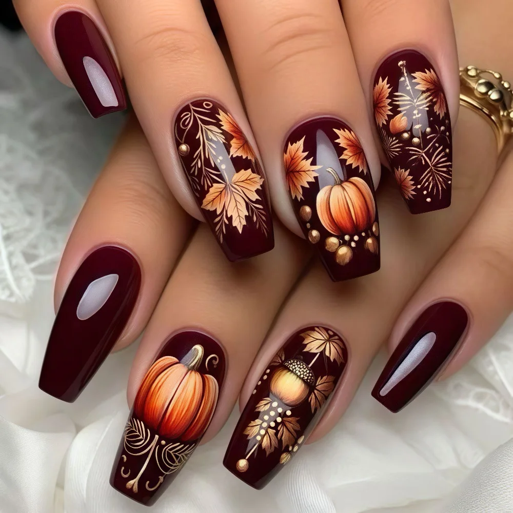

24 Pcs Halloween False Nails Set with Glue Pumpkin Maple Leaf Nail Art Medium Length Square Nails Press on With Design Nail Tips