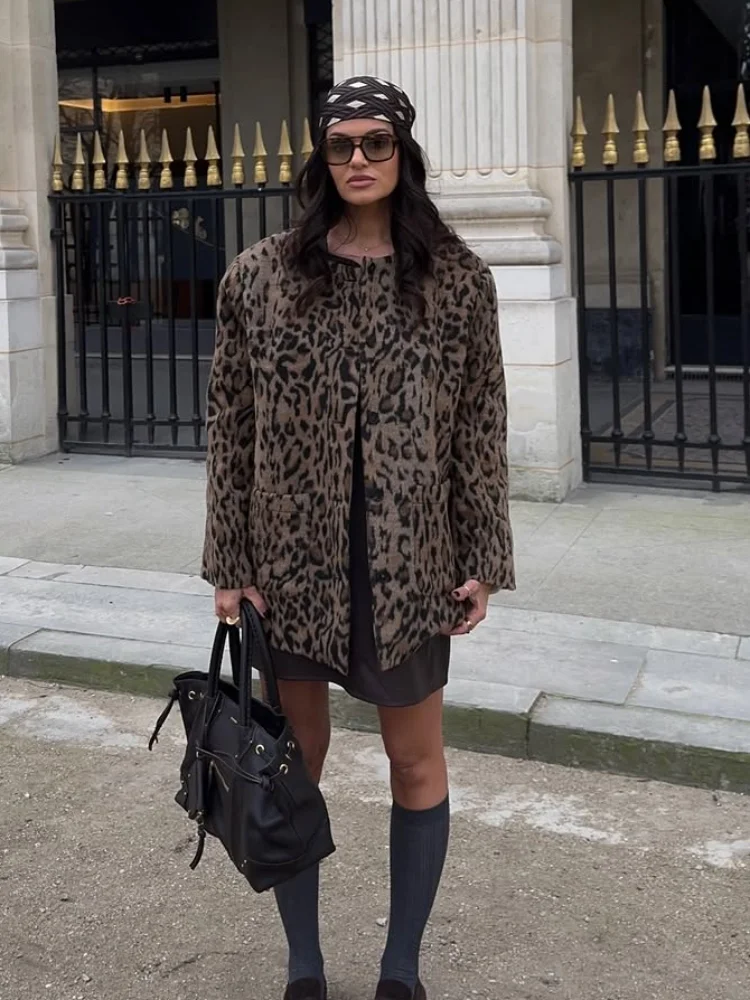 Leopard Print Casual Coats Round Collar Single Breasted Loose Straight Wool Blend Jacket Warm Daily Outfits For Women In Fall