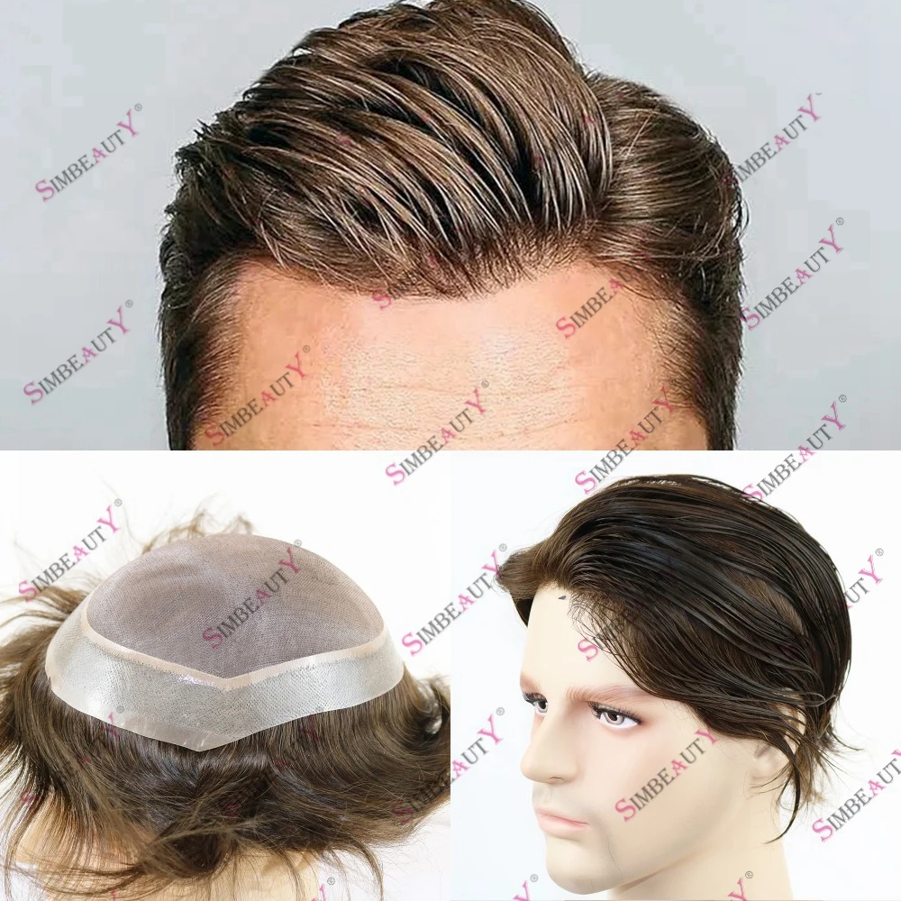 

100% Human Hair Natural Hairline PU Around Mono Lace Men's Toupee Breathable Hair Replacement Capillary Prosthesis System Wig