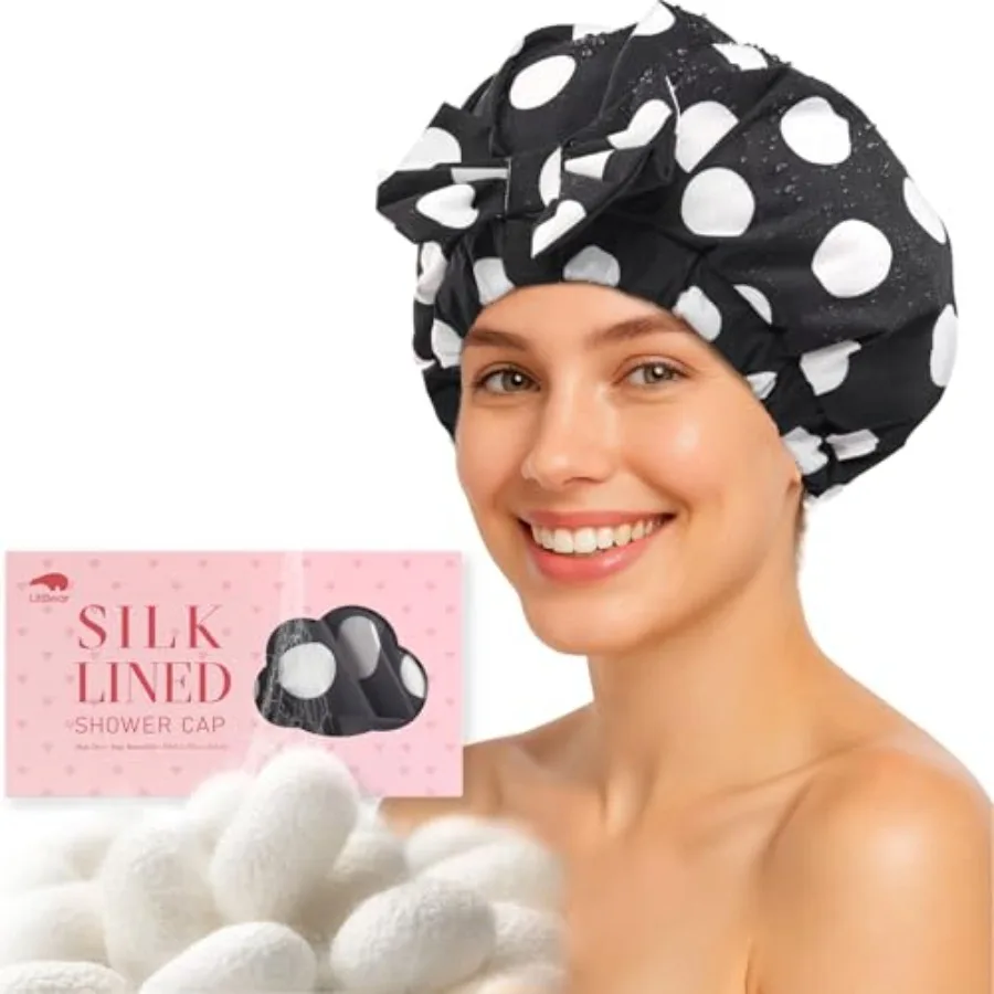 

Luxury Silk Lined Shower Caps for Women Reusable Waterproof, Double Layered Large Bathing Hair Cap with Adjustable Elastic Stra