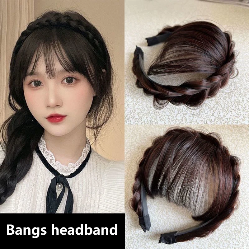 Synthetic Fake Bangs Hair Neat Fringe Bands Women Double Row Braids Headband Heat Resistant Bangs In Hair Extensions Hairpieces