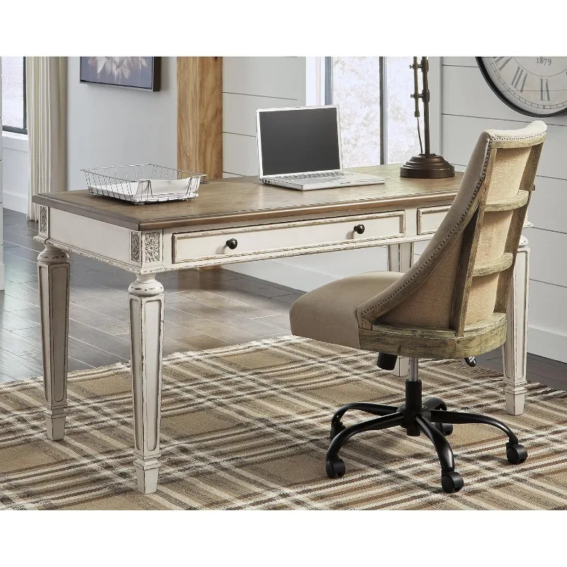 60" Home Office Desk with USB Charging, Chipped White,Designed with 2 smooth-gliding dovetail drawers, 1 drop-down drawer front