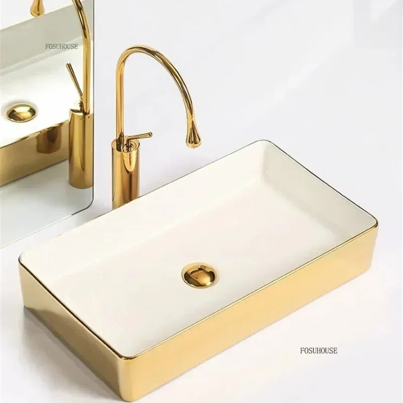 

Luxury Gold Ceramic Tabletop Bathroom Sinks Home Hotel Wash Basin European Household Washbasin Square Bathroom Wash Basins