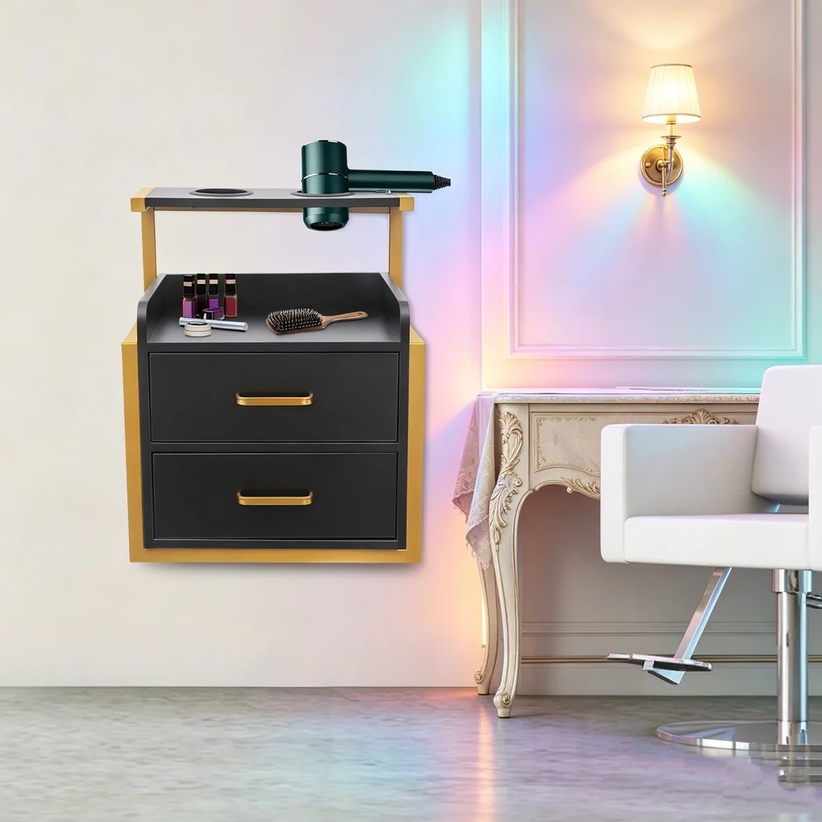 

Dual Color Optional Wall Mounted 2 Drawer Salon Storage Cabinet 50KG Load Rectangular Iron Density Board Barber Hair Salon Wall Cabinet Organizer