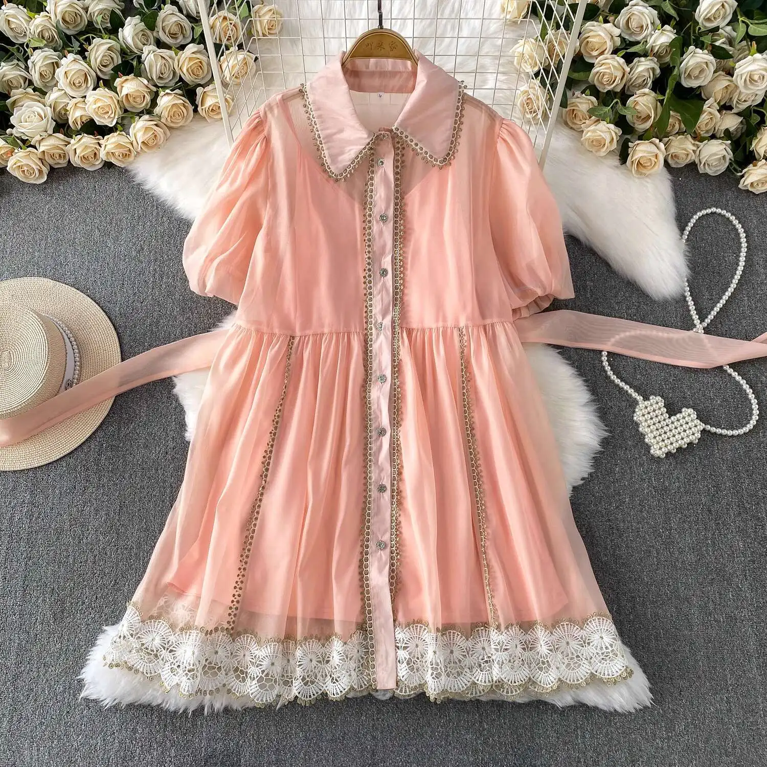 Prinzessin Stil Süße Spitze Stickerei Organza Kurzes Kleid Shirt Frauen Sommer 2-teiliges Set Lässige Elegante Geburtstagsparty Kleider
