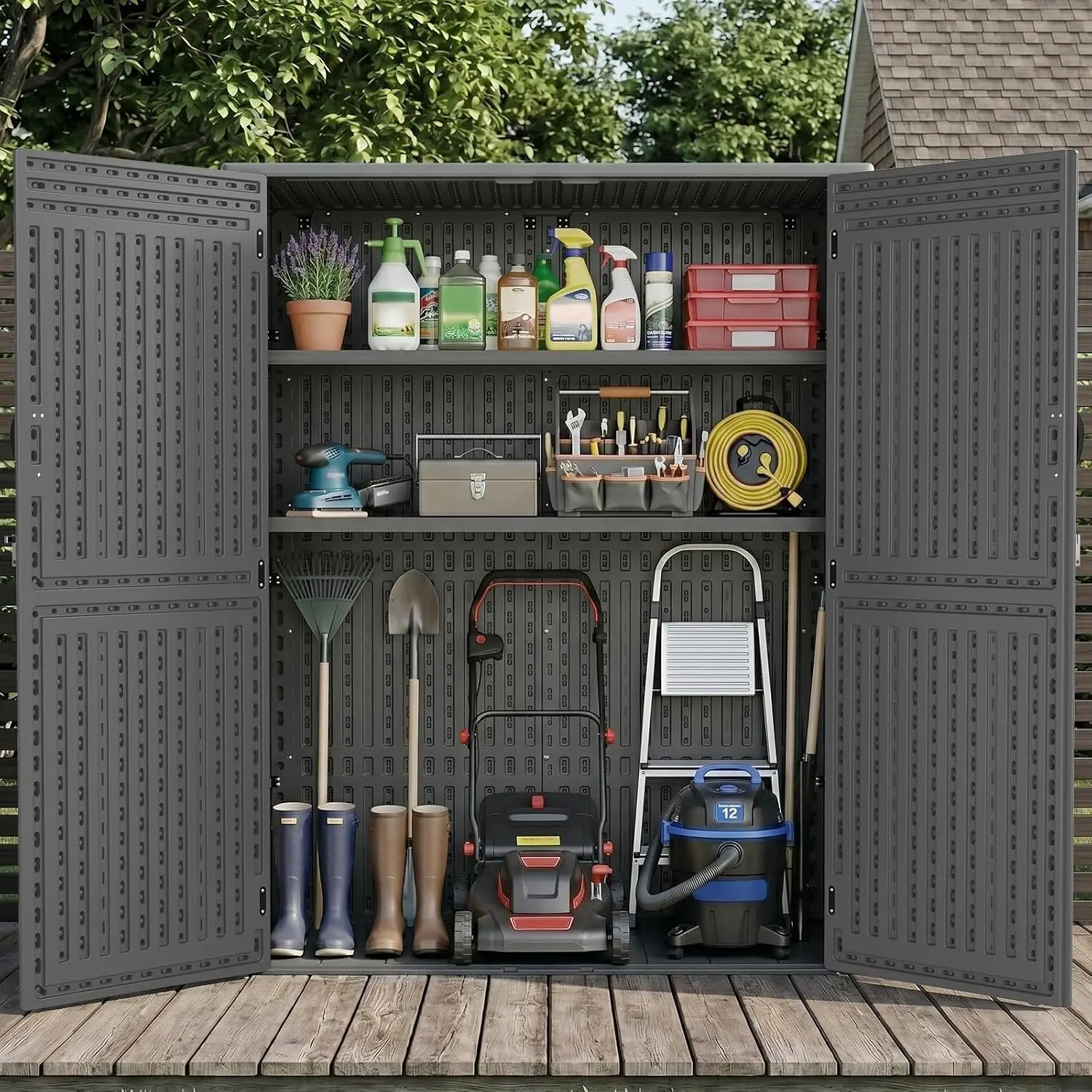 Vertical Resin Storage Shed 2 Shelves, 60 Cuft Garden Tool Outdoor Cabinet Waterproof, 4.5x2.3ft Backyard, Grey, Customized