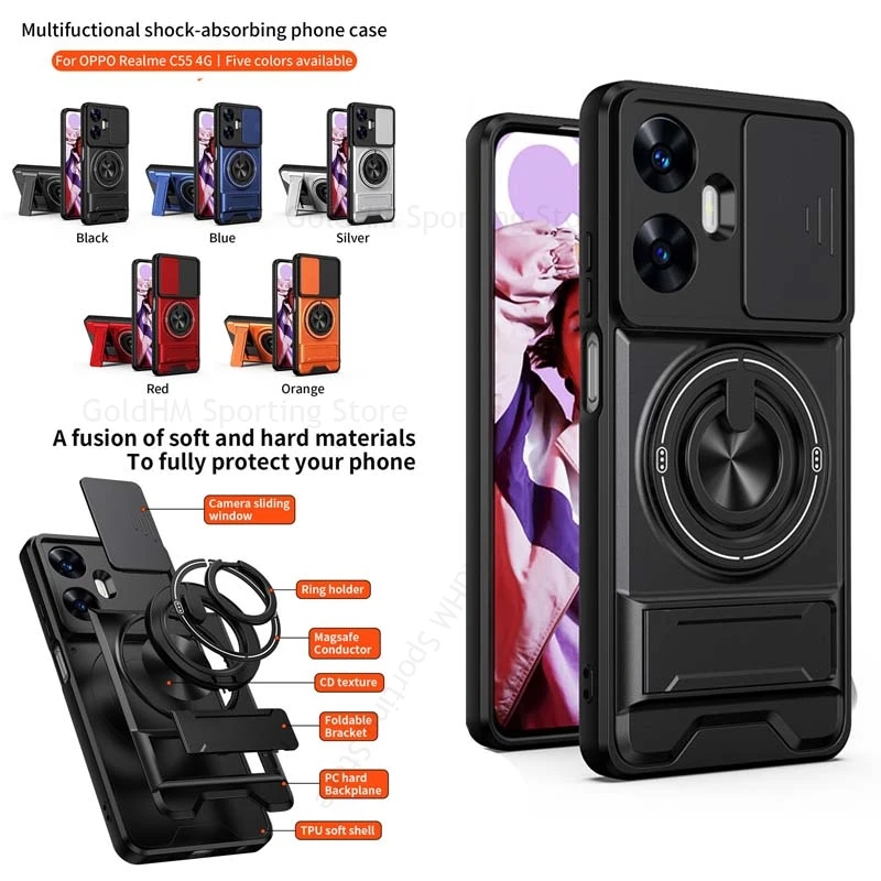 

For Oppo Realme 15 14 13 Pro Plus Push Window Magnetic Ring Case For Realme C85 C65 C75 Narzo 80 Pro Heavy Duty Protection Cover
